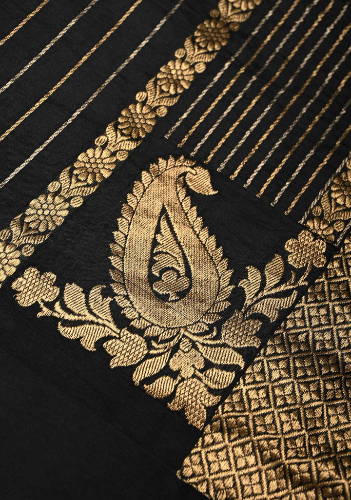 Black Banarasi Katan Silk Saree with Sona Rupa Vertical Stripes and Satin Border | SILK MARK CERTIFIED | SHOBITAM