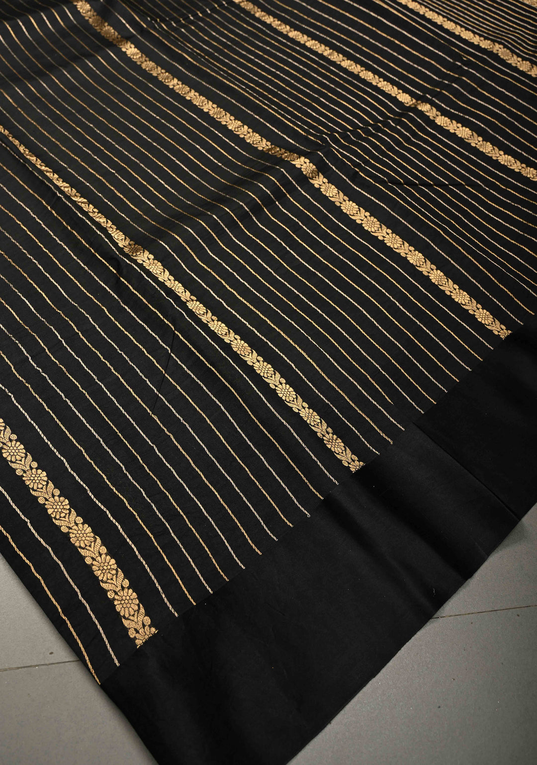 Black Banarasi Katan Silk Saree with Sona Rupa Vertical Stripes and Satin Border | SILK MARK CERTIFIED | SHOBITAM