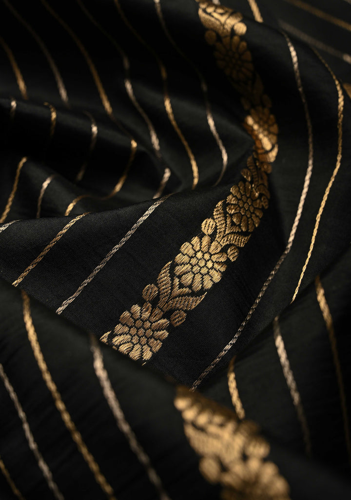 Black Banarasi Katan Silk Saree with Sona Rupa Vertical Stripes and Satin Border | SILK MARK CERTIFIED | SHOBITAM