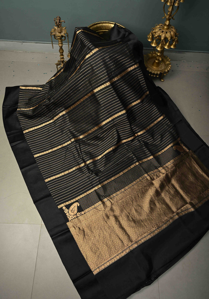 Black Banarasi Katan Silk Saree with Sona Rupa Vertical Stripes and Satin Border | SILK MARK CERTIFIED | SHOBITAM