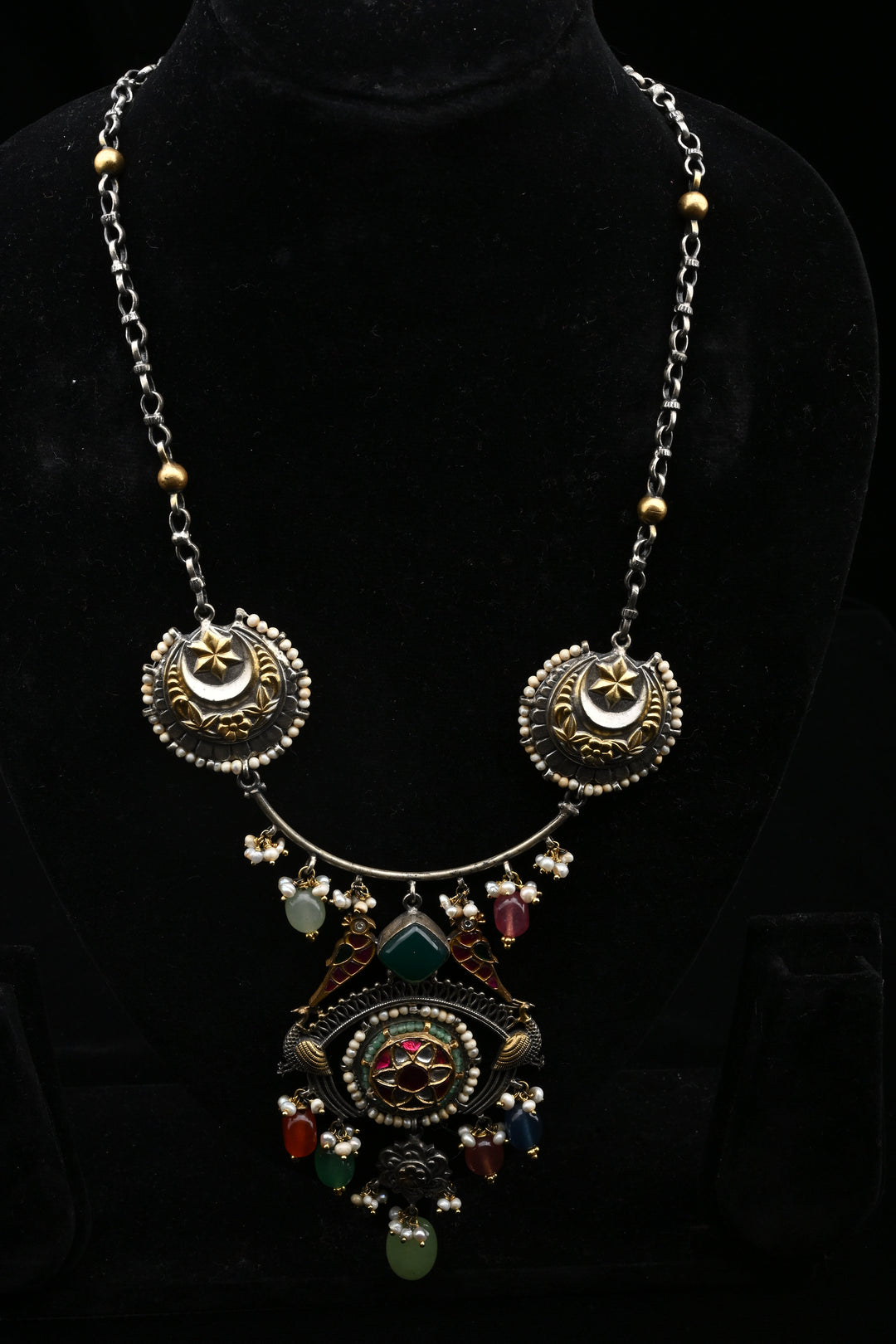 92.5 Oxidized Silver Chandtara Crescent Medallion Necklace | SHOBITAM
