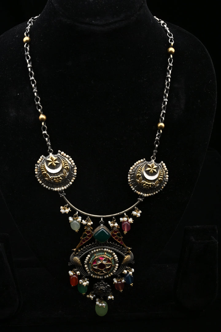 92.5 Oxidized Silver Chandtara Crescent Medallion Necklace | SHOBITAM