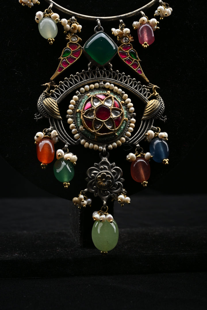 92.5 Oxidized Silver Chandtara Crescent Medallion Necklace | SHOBITAM