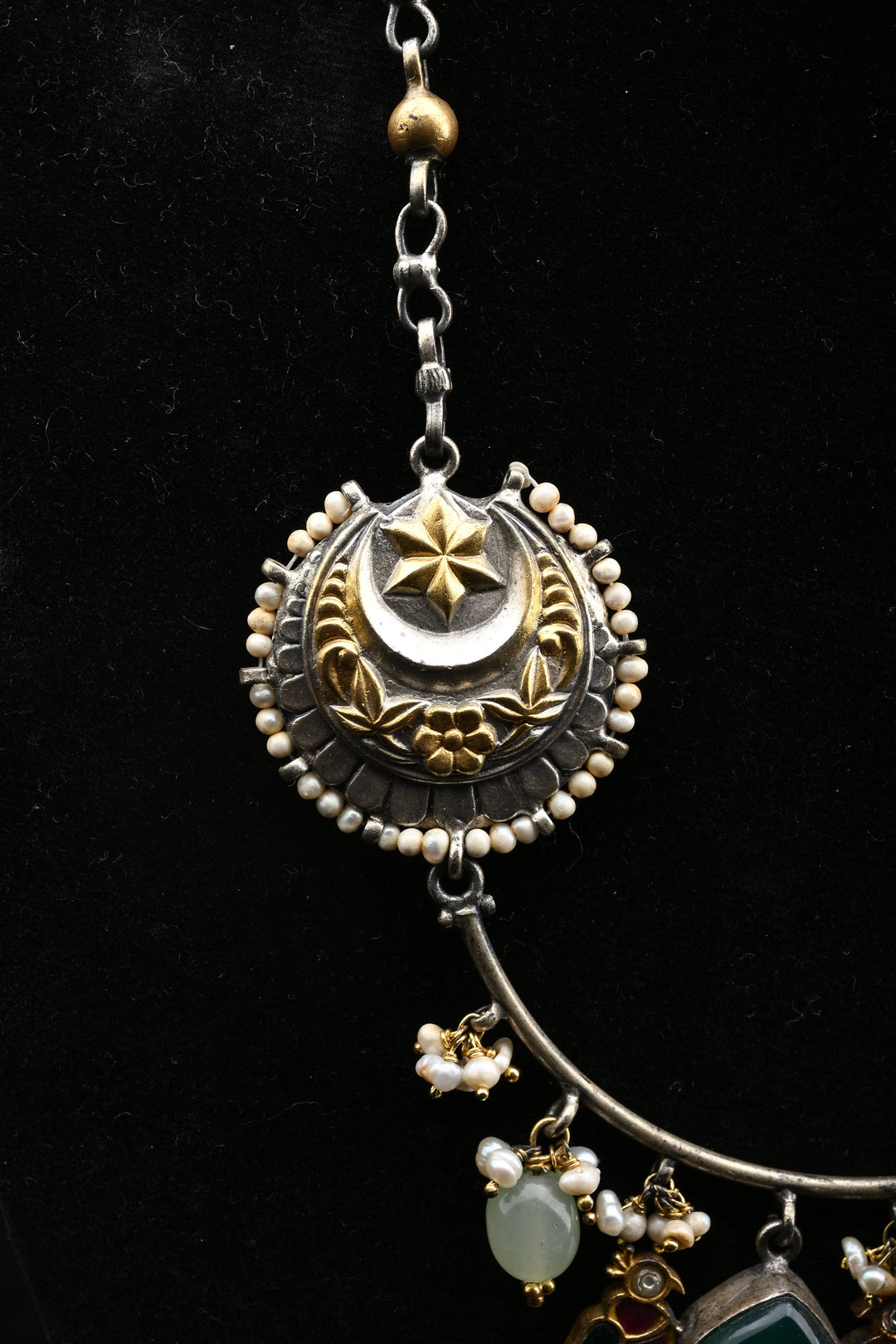 92.5 Oxidized Silver Chandtara Crescent Medallion Necklace | SHOBITAM