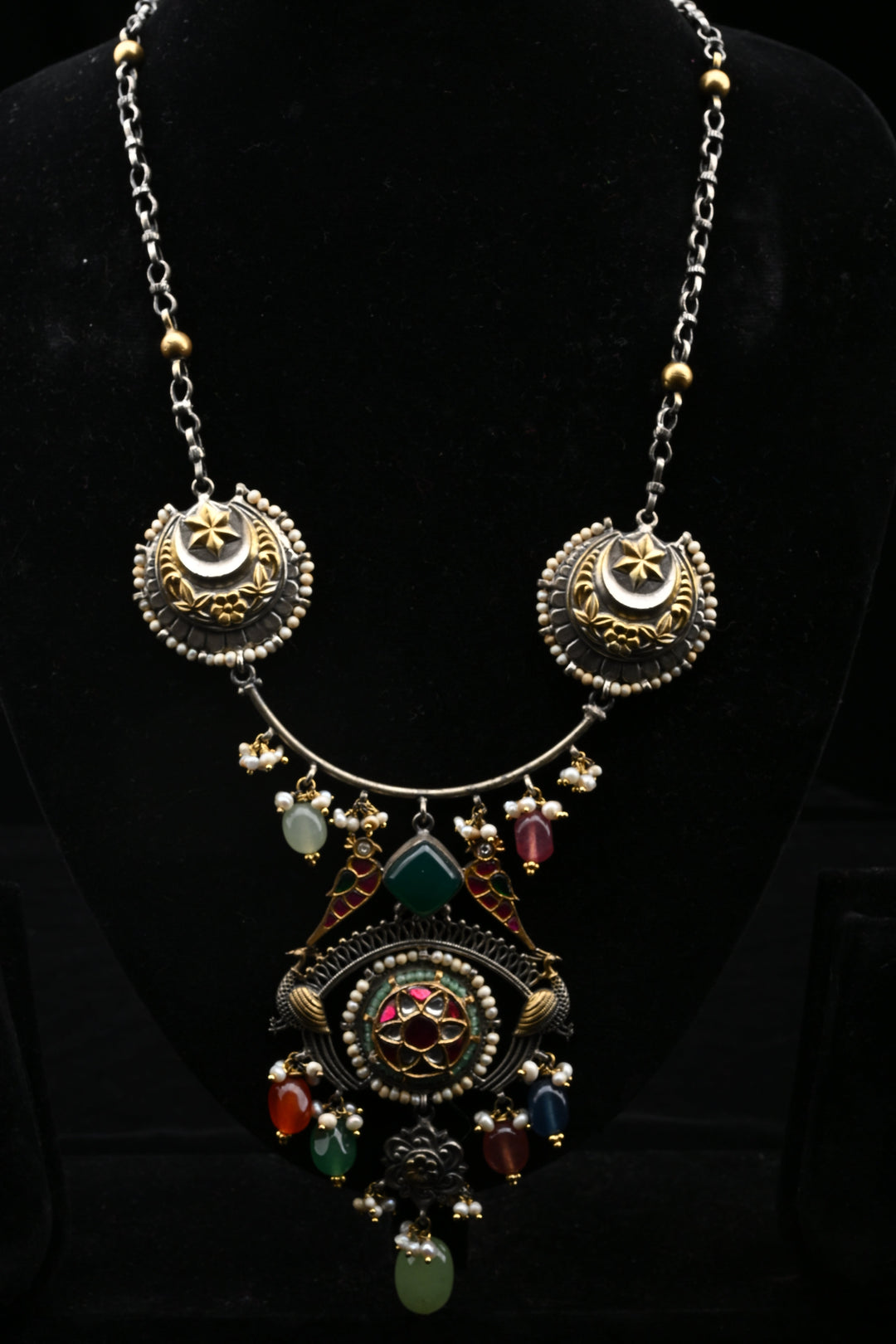 92.5 Oxidized Silver Chandtara Crescent Medallion Necklace | SHOBITAM