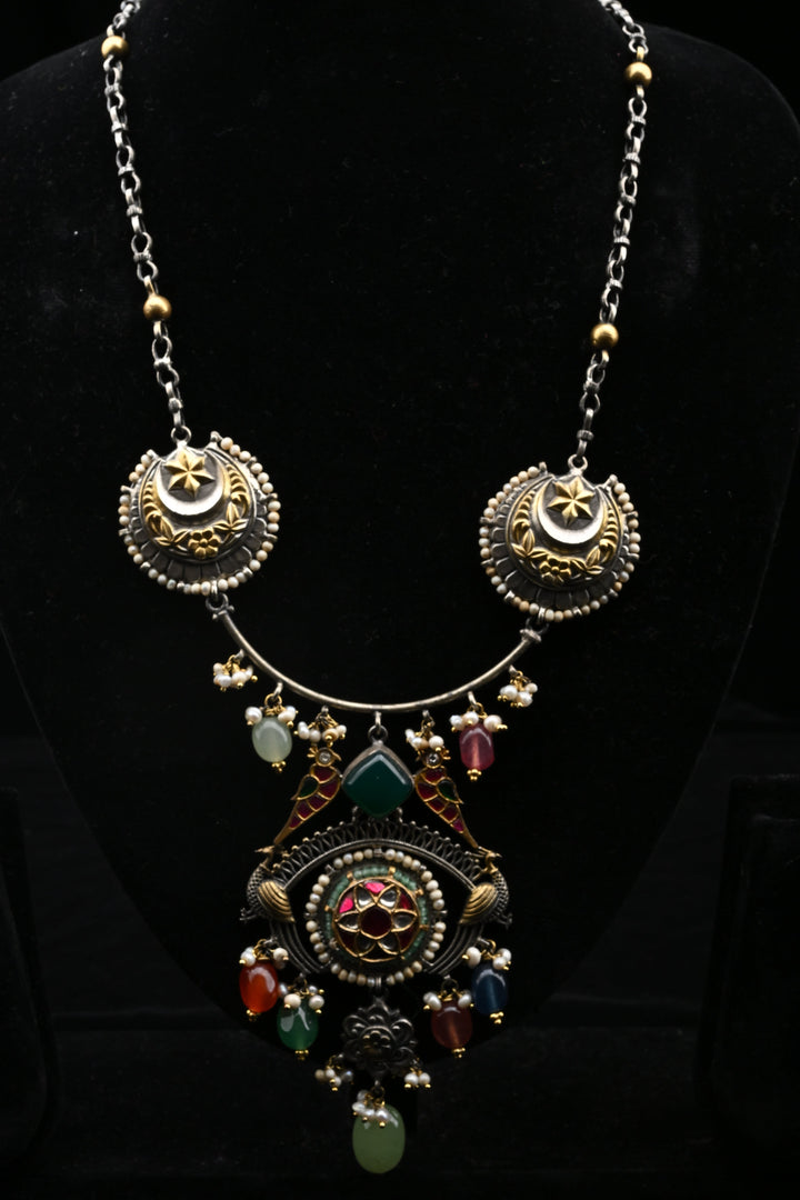 92.5 Oxidized Silver Chandtara Crescent Medallion Necklace | SHOBITAM