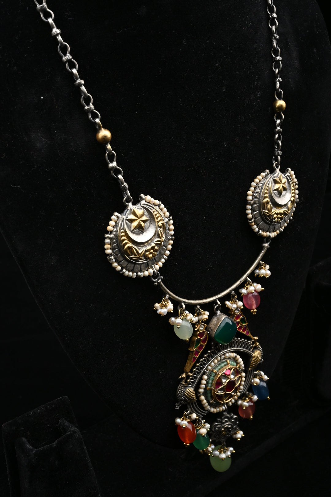 92.5 Oxidized Silver Chandtara Crescent Medallion Necklace | SHOBITAM
