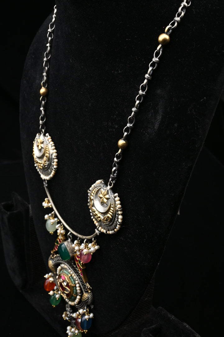 92.5 Oxidized Silver Chandtara Crescent Medallion Necklace | SHOBITAM