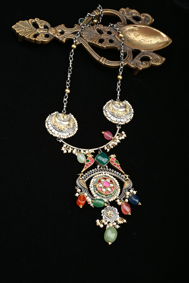 92.5 Oxidized Silver Chandtara Crescent Medallion Necklace | SHOBITAM