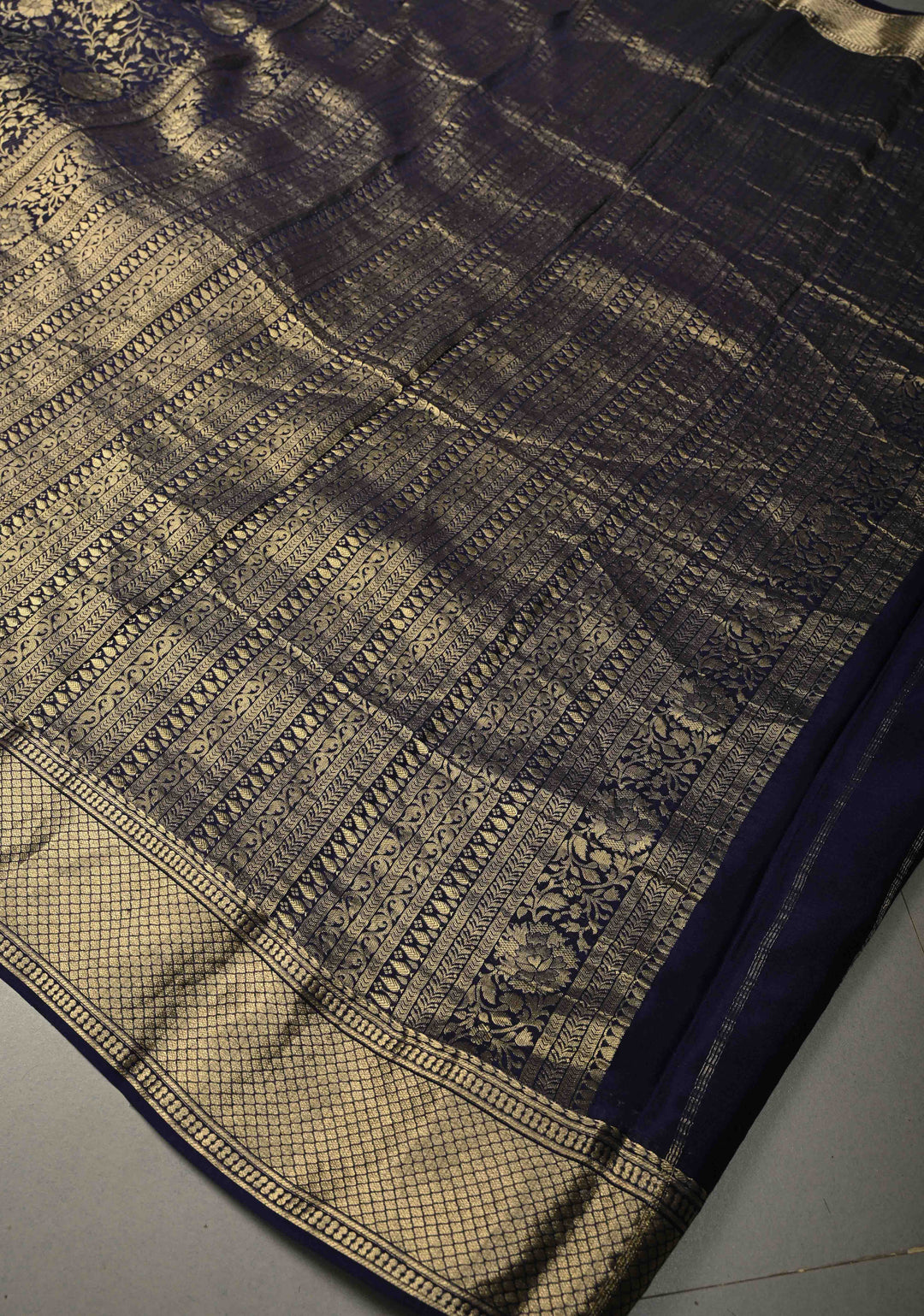 Ink Purple Mysore Crepe Silk Saree with Floral Brocade Jaal and Zari Border in KSIC Grade Thickness | SILK MARK CERTIFIED | SHOBITAM