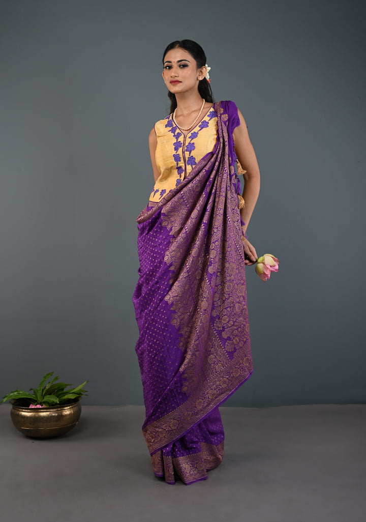 Banarasi Georgette Silk Saree with Chunri Butti and and Oxidized Zari Border | SILK MARK CERTIFIED