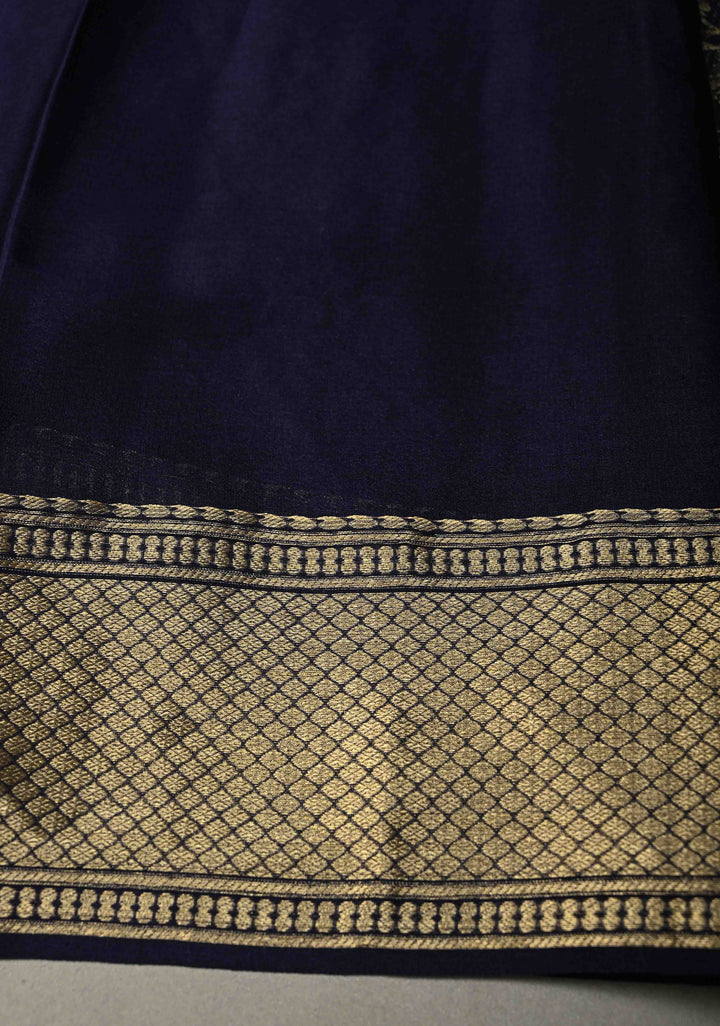 Ink Purple Mysore Crepe Silk Saree with Floral Brocade Jaal and Zari Border in KSIC Grade Thickness | SILK MARK CERTIFIED | SHOBITAM