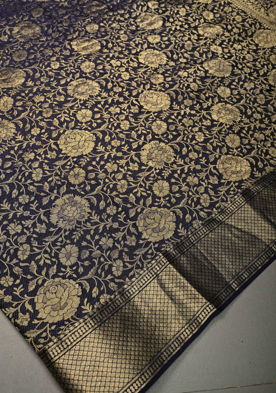 Ink Purple Mysore Crepe Silk Saree with Floral Brocade Jaal and Zari Border in KSIC Grade Thickness | SILK MARK CERTIFIED | SHOBITAM