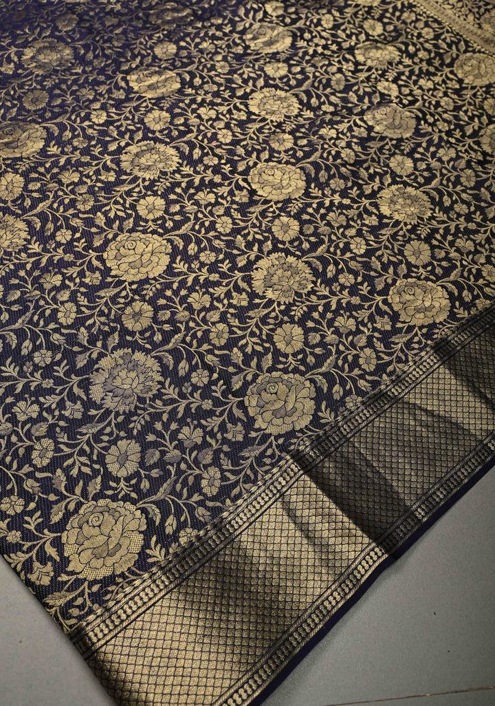 Ink Purple Mysore Crepe Silk Saree with Floral Brocade Jaal and Zari Border in KSIC Grade Thickness | SILK MARK CERTIFIED | SHOBITAM