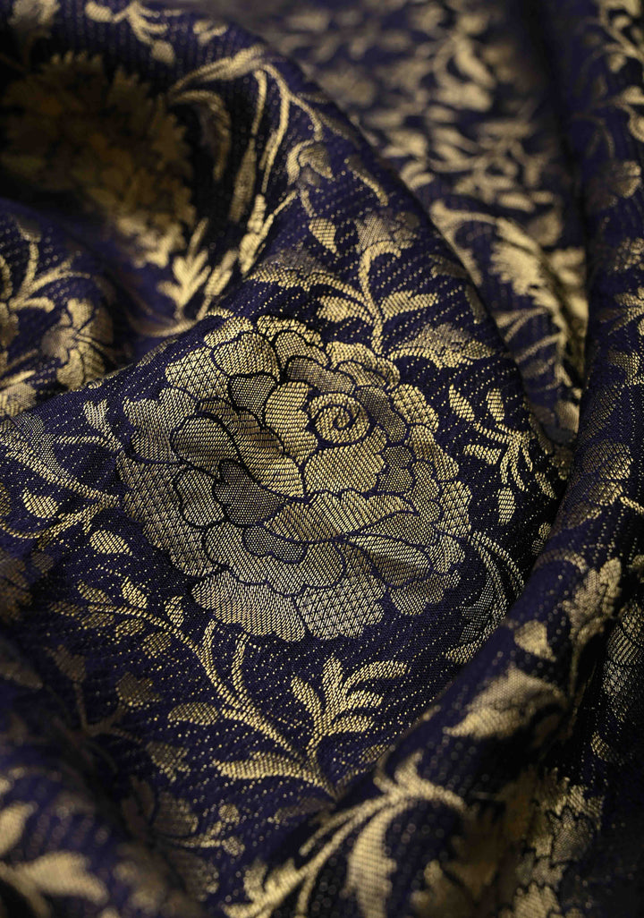 Ink Purple Mysore Crepe Silk Saree with Floral Brocade Jaal and Zari Border in KSIC Grade Thickness | SILK MARK CERTIFIED | SHOBITAM