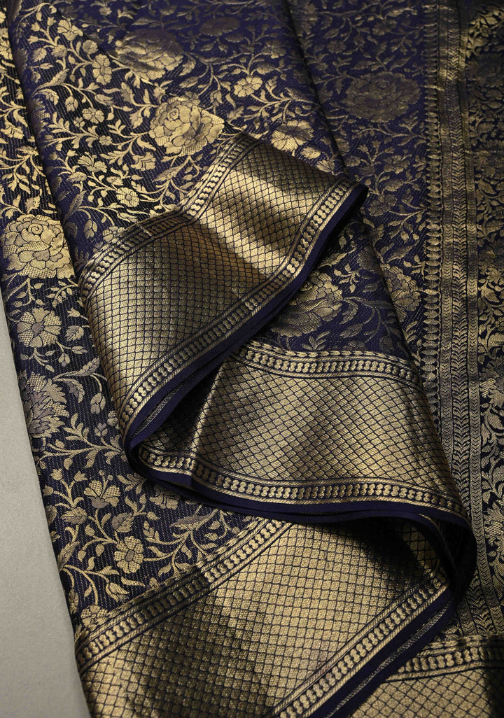 Ink Purple Mysore Crepe Silk Saree with Floral Brocade Jaal and Zari Border in KSIC Grade Thickness | SILK MARK CERTIFIED | SHOBITAM