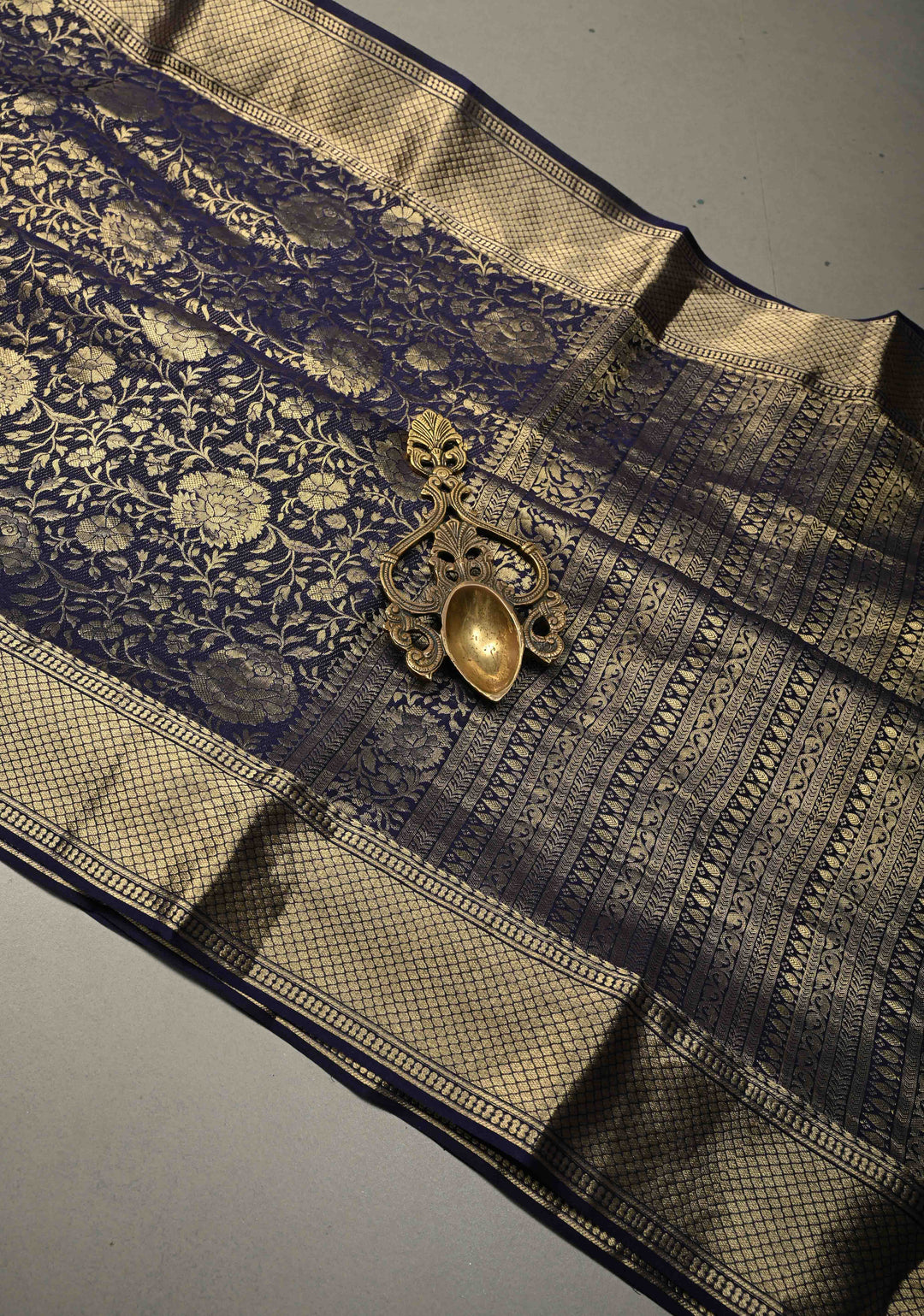 Ink Purple Mysore Crepe Silk Saree with Floral Brocade Jaal and Zari Border in KSIC Grade Thickness | SILK MARK CERTIFIED | SHOBITAM