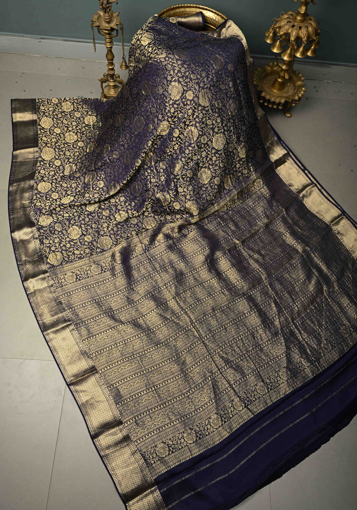 Ink Purple Mysore Crepe Silk Saree with Floral Brocade Jaal and Zari Border in KSIC Grade Thickness | SILK MARK CERTIFIED | SHOBITAM
