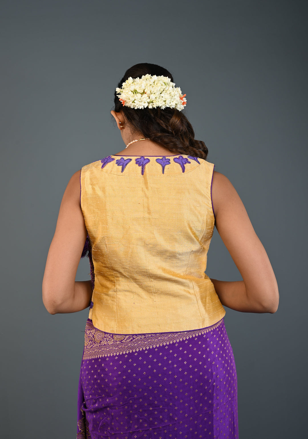 Golden Raw Silk Sleeveless Jacket Style Blouse/ Crop Top with Floral Handpainting and Beads Detailing , Customizable, Made to Order