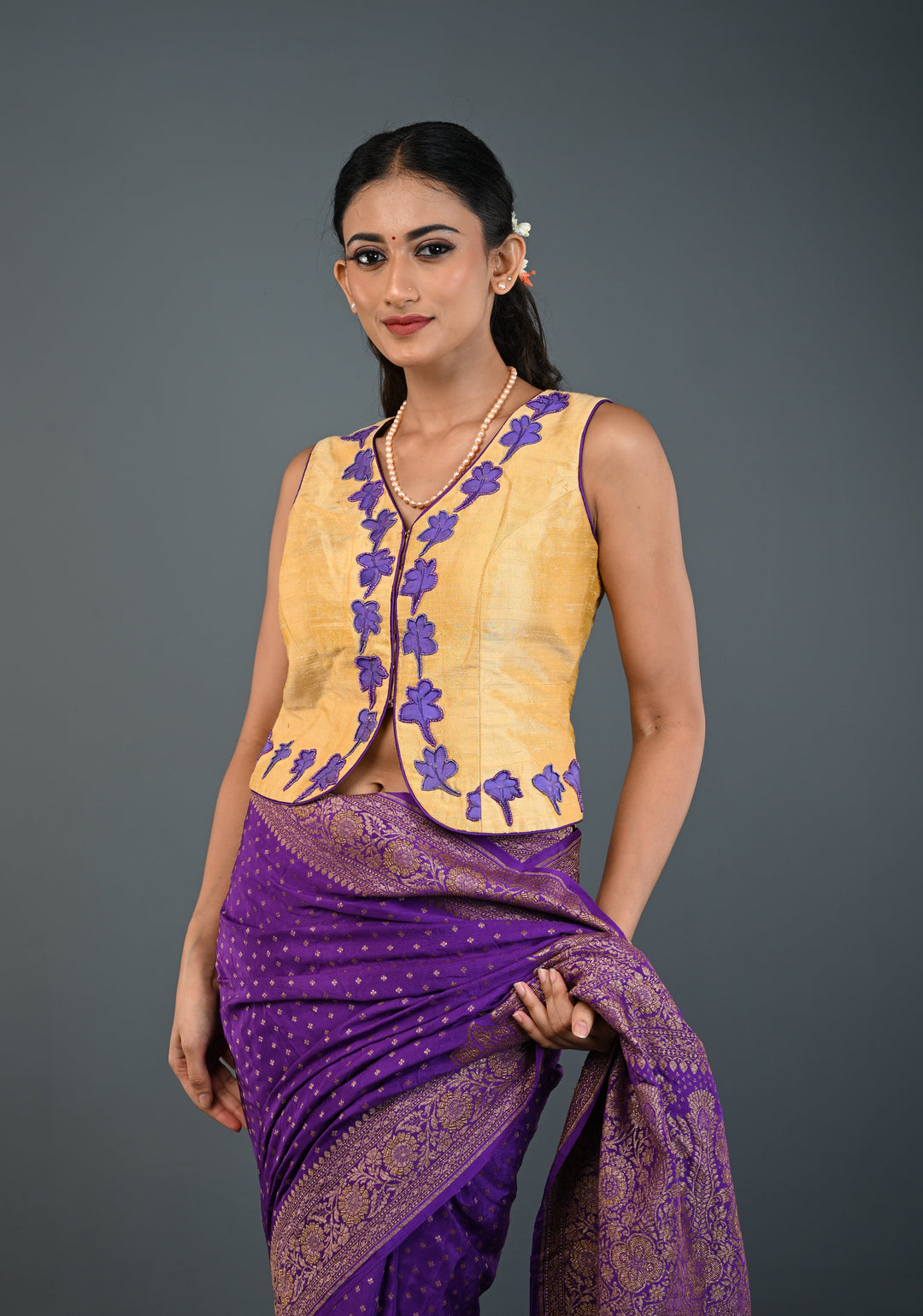 Golden Raw Silk Sleeveless Jacket Style Blouse/ Crop Top with Floral Handpainting and Beads Detailing , Customizable, Made to Order