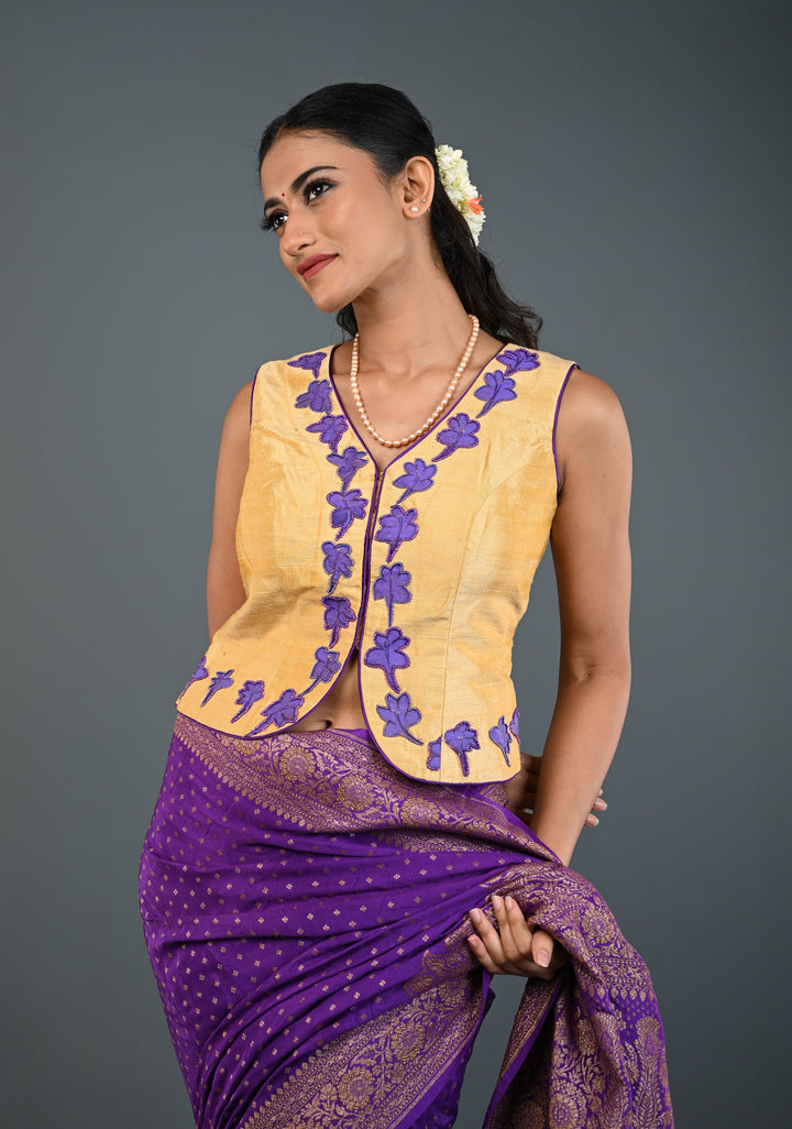 Golden Raw Silk Sleeveless Jacket Style Blouse/ Crop Top with Floral Handpainting and Beads Detailing , Customizable, Made to Order