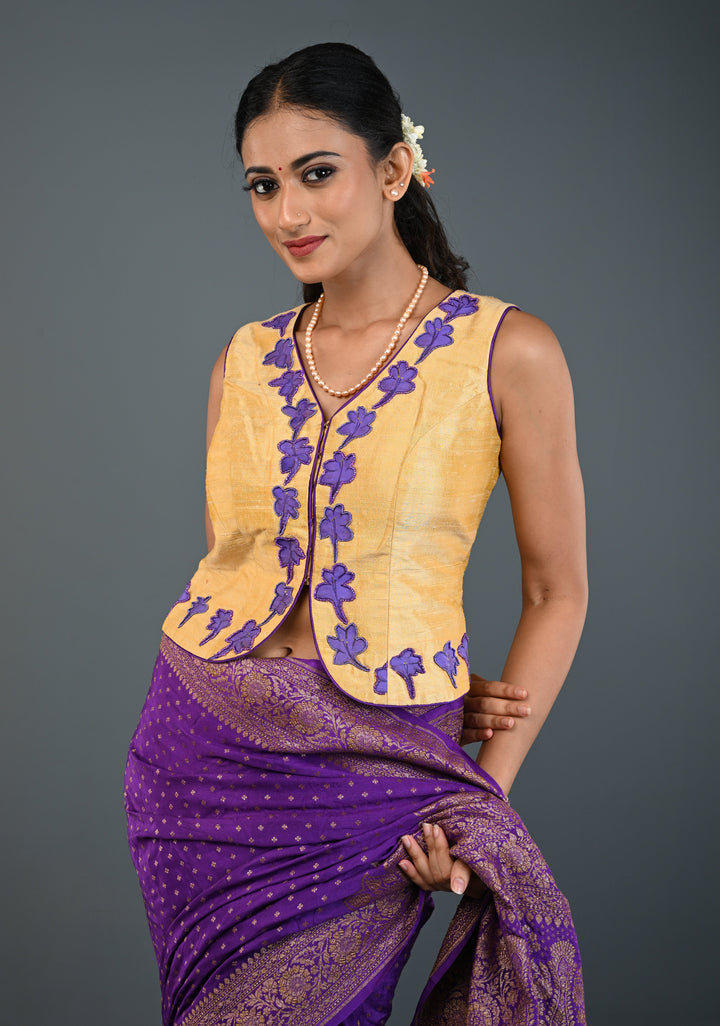 Golden Raw Silk Sleeveless Jacket Style Blouse/ Crop Top with Floral Handpainting and Beads Detailing , Customizable, Made to Order