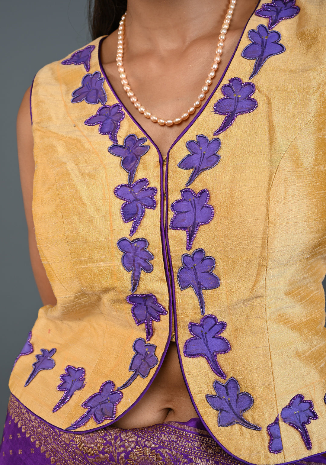 Golden Raw Silk Sleeveless Jacket Style Blouse/ Crop Top with Floral Handpainting and Beads Detailing , Customizable, Made to Order
