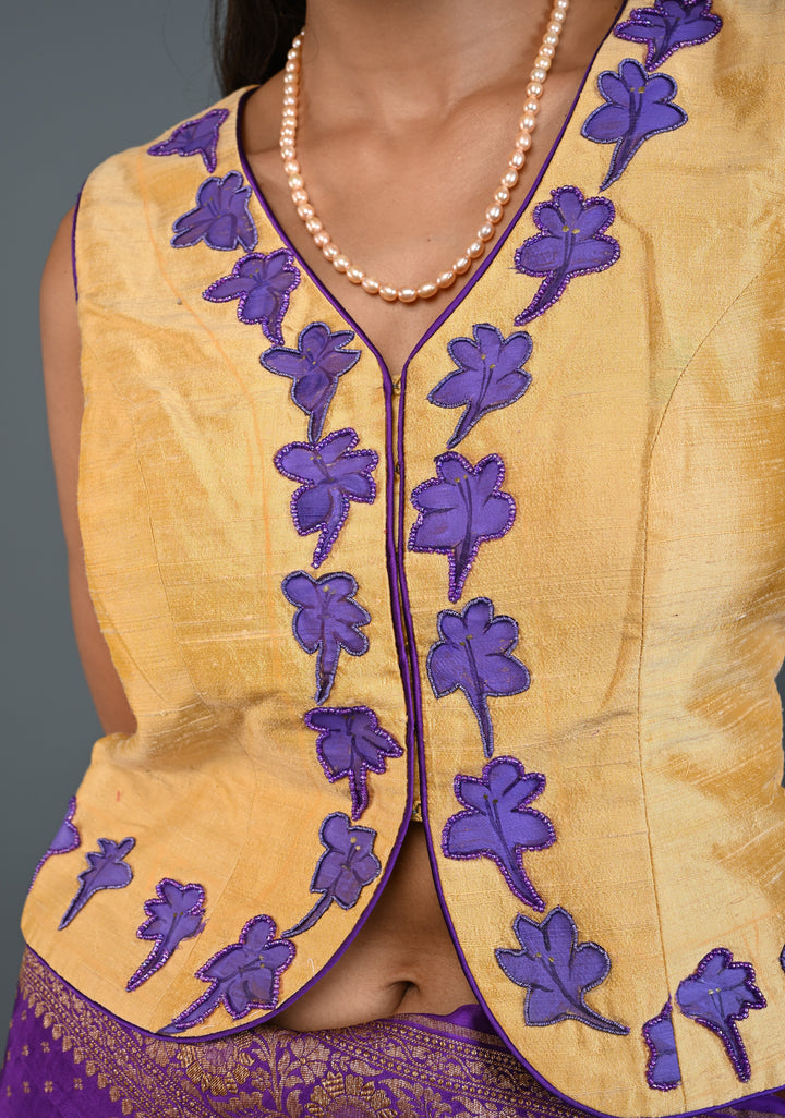 Golden Raw Silk Sleeveless Jacket Style Blouse/ Crop Top with Floral Handpainting and Beads Detailing , Customizable, Made to Order