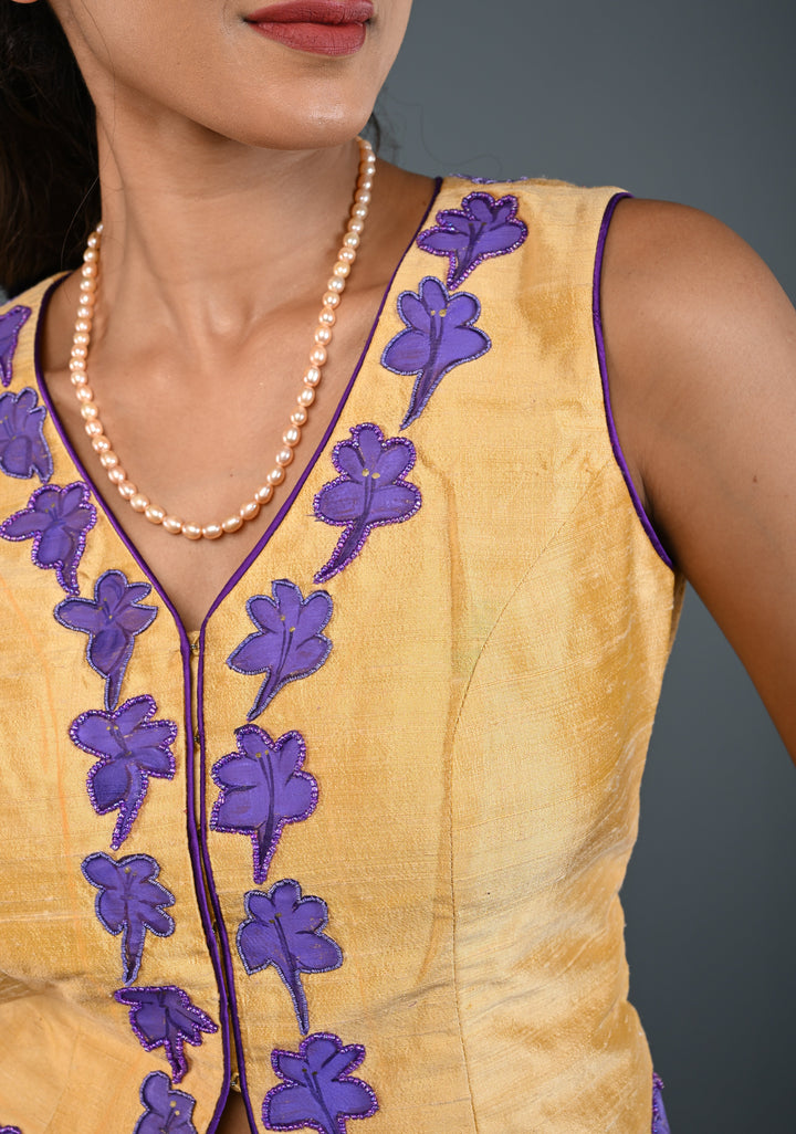 Golden Raw Silk Sleeveless Jacket Style Blouse/ Crop Top with Floral Handpainting and Beads Detailing , Customizable, Made to Order