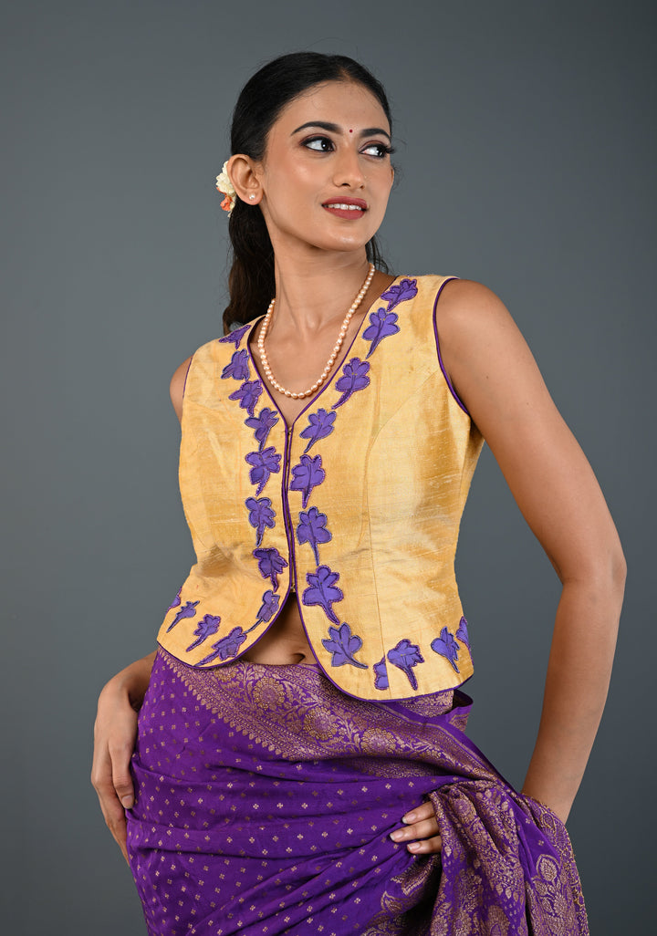 Golden Raw Silk Sleeveless Jacket Style Blouse/ Crop Top with Floral Handpainting and Beads Detailing , Customizable, Made to Order
