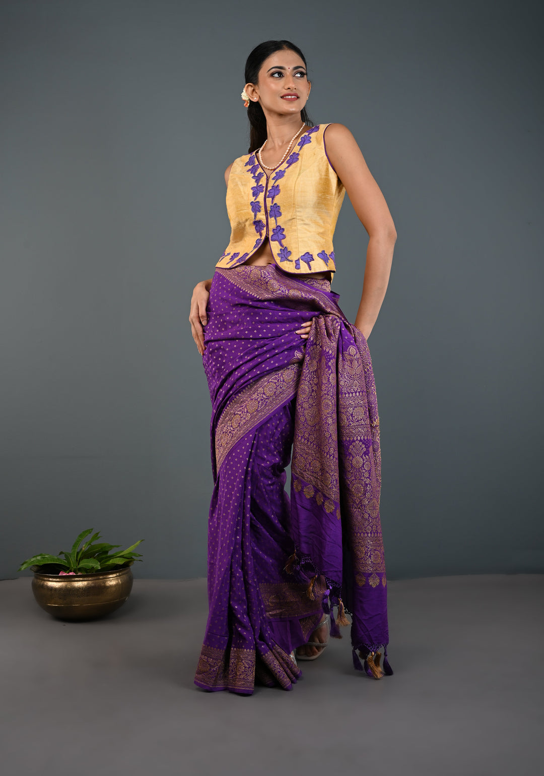 Golden Raw Silk Sleeveless Jacket Style Blouse/ Crop Top with Floral Handpainting and Beads Detailing , Customizable, Made to Order