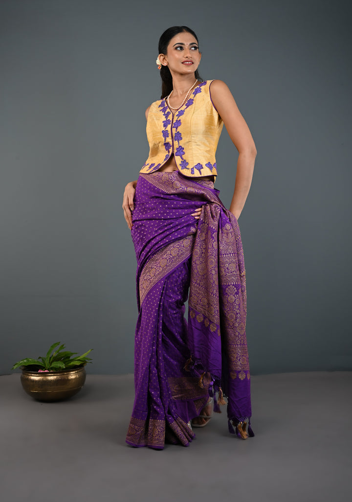 Golden Raw Silk Sleeveless Jacket Style Blouse/ Crop Top with Floral Handpainting and Beads Detailing , Customizable, Made to Order