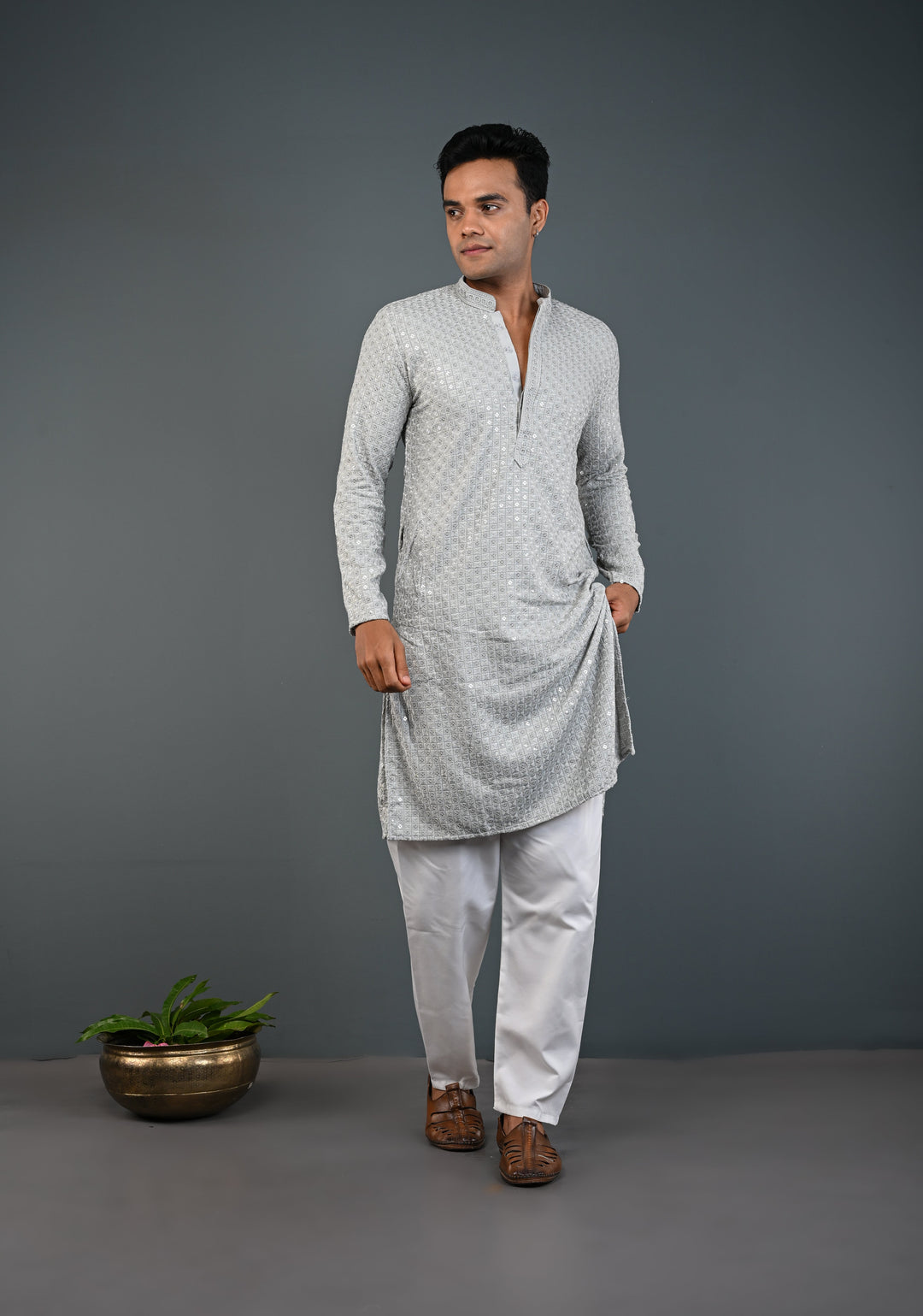 Dusty Lilac Kurta with Brocade and Sequins Pajama Set for Men | Made to Order