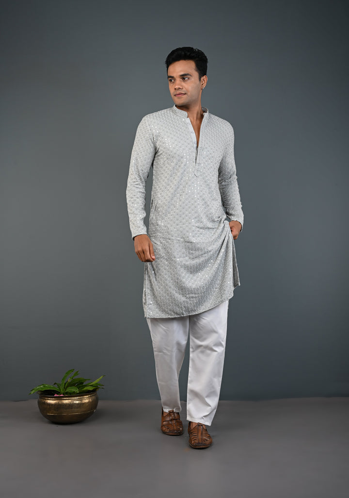 Dusty Lilac Kurta with Brocade and Sequins Pajama Set for Men | Made to Order