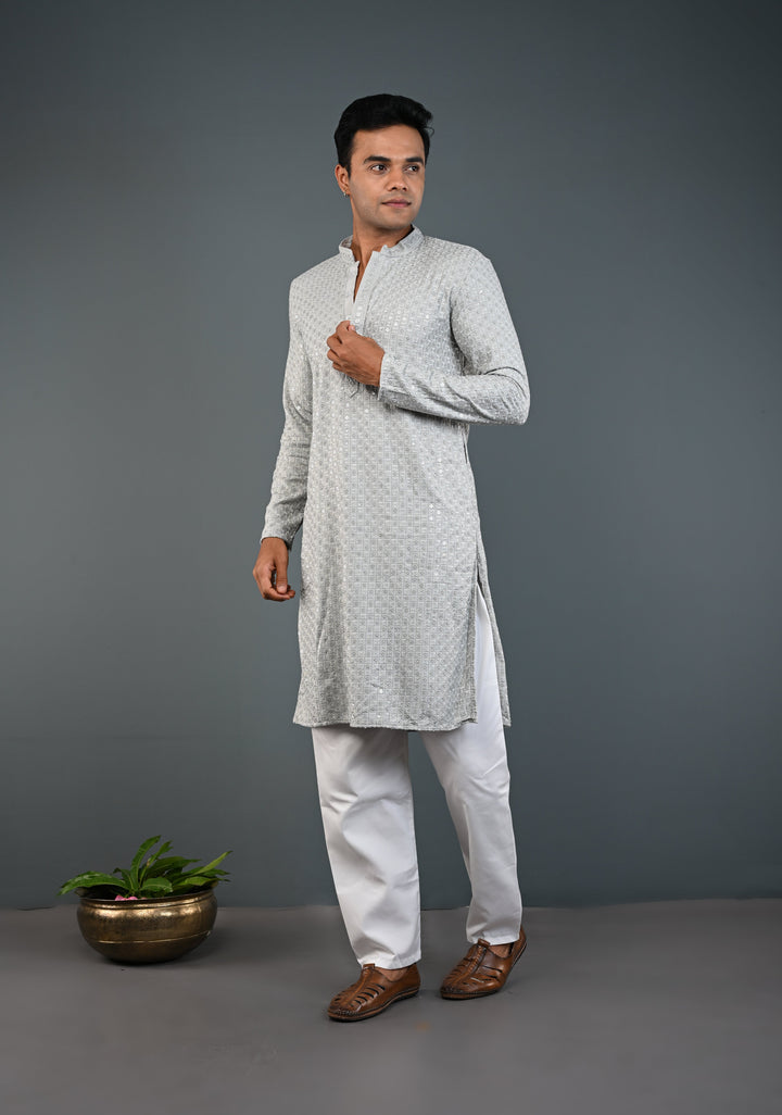Men's Chikankari Embroidered Grey Kurta and Pajama Set  | Made to Order