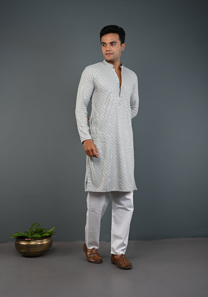 Men's Chikankari Embroidered Grey Kurta and Pajama Set  | Made to Order