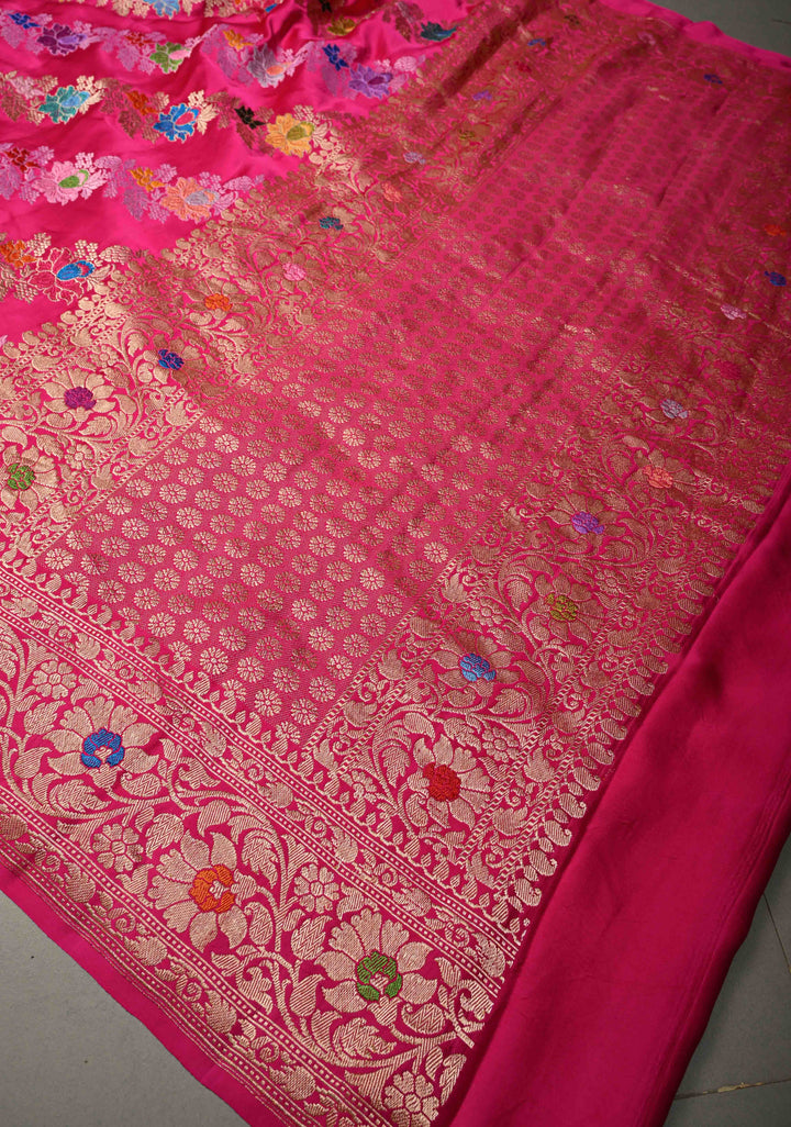Rani Pink Kadhuwa Meenakari Jungla on Pure Banarasi Mashru Silk Saree with Aada Diagonal Stripes and Zari Border | SILK MARK CERTIFIED | SHOBITAM