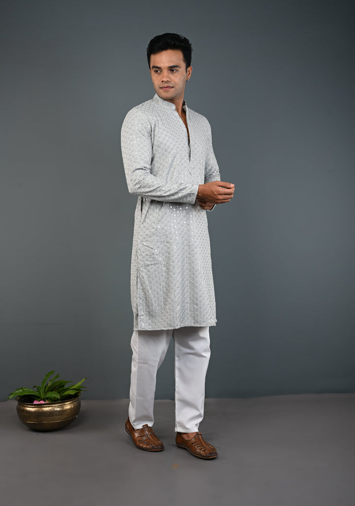 Men's Chikankari Embroidered Grey Kurta and Pajama Set  | Made to Order