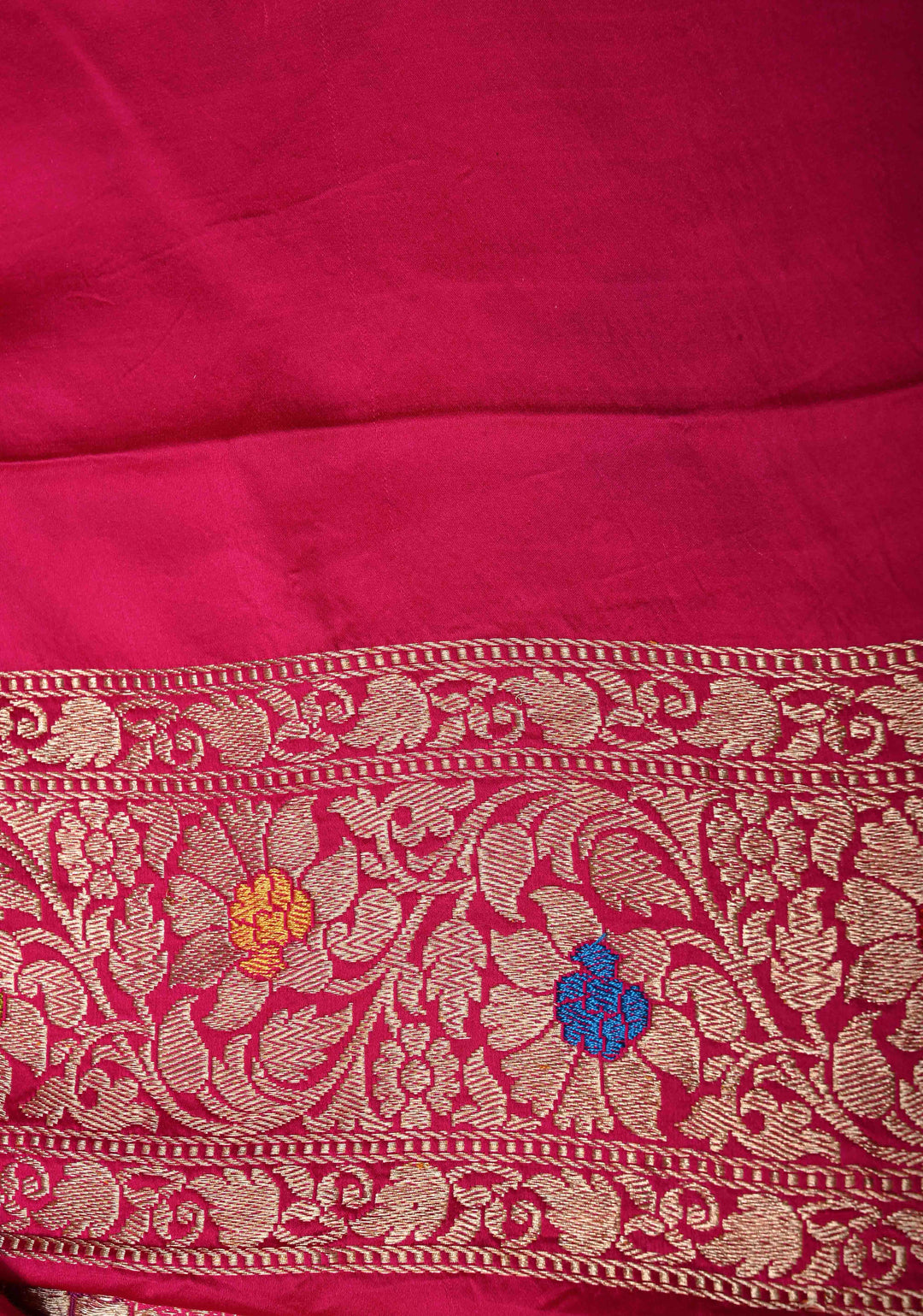 Rani Pink Kadhuwa Meenakari Jungla on Pure Banarasi Mashru Silk Saree with Aada Diagonal Stripes and Zari Border | SILK MARK CERTIFIED | SHOBITAM