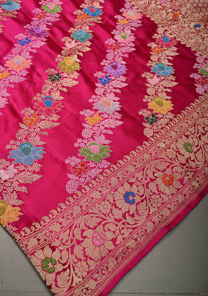Rani Pink Kadhuwa Meenakari Jungla on Pure Banarasi Mashru Silk Saree with Aada Diagonal Stripes and Zari Border | SILK MARK CERTIFIED | SHOBITAM