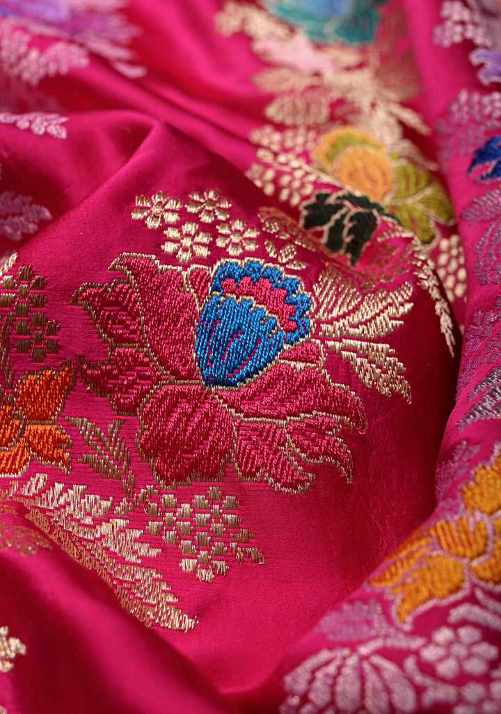 Rani Pink Kadhuwa Meenakari Jungla on Pure Banarasi Mashru Silk Saree with Aada Diagonal Stripes and Zari Border | SILK MARK CERTIFIED | SHOBITAM