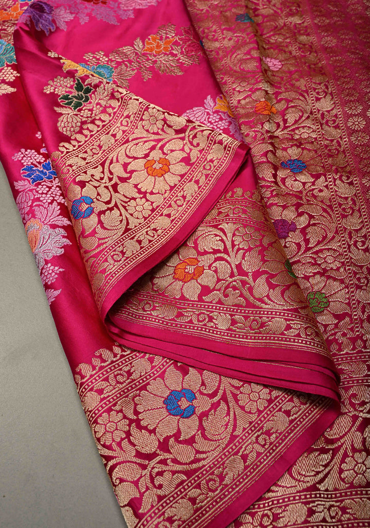 Rani Pink Kadhuwa Meenakari Jungla on Pure Banarasi Mashru Silk Saree with Aada Diagonal Stripes and Zari Border | SILK MARK CERTIFIED | SHOBITAM