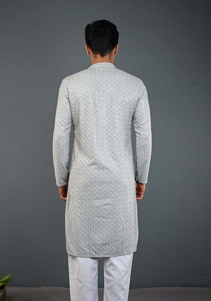 Men's Chikankari Embroidered Grey Kurta and Pajama Set  | Made to Order