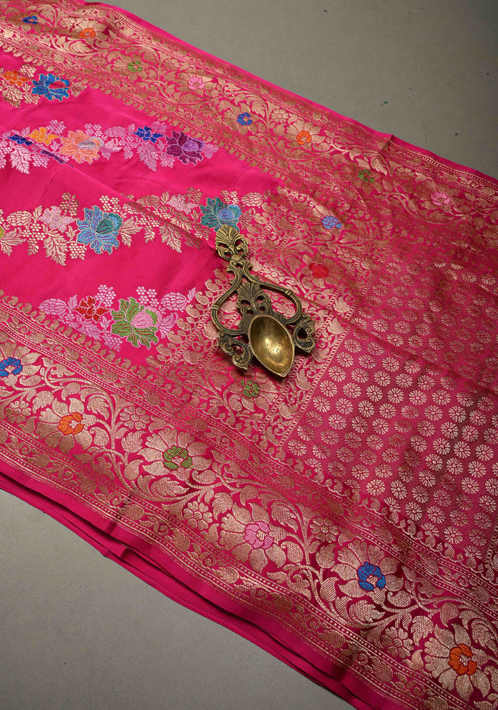 Rani Pink Kadhuwa Meenakari Jungla on Pure Banarasi Mashru Silk Saree with Aada Diagonal Stripes and Zari Border | SILK MARK CERTIFIED | SHOBITAM