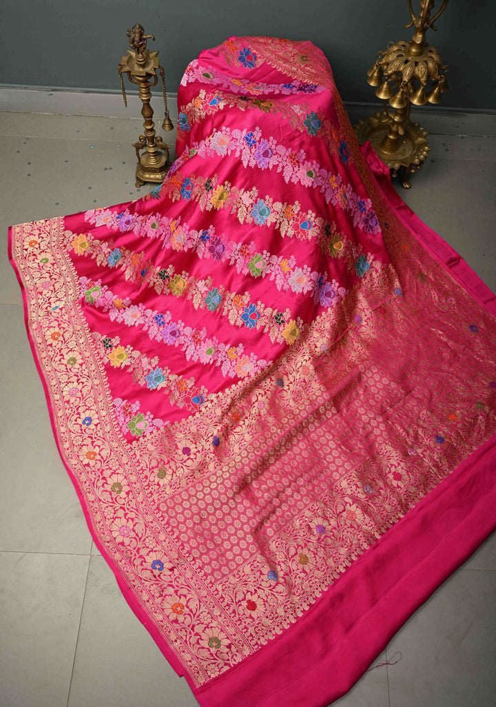 Rani Pink Kadhuwa Meenakari Jungla on Pure Banarasi Mashru Silk Saree with Aada Diagonal Stripes and Zari Border | SILK MARK CERTIFIED | SHOBITAM