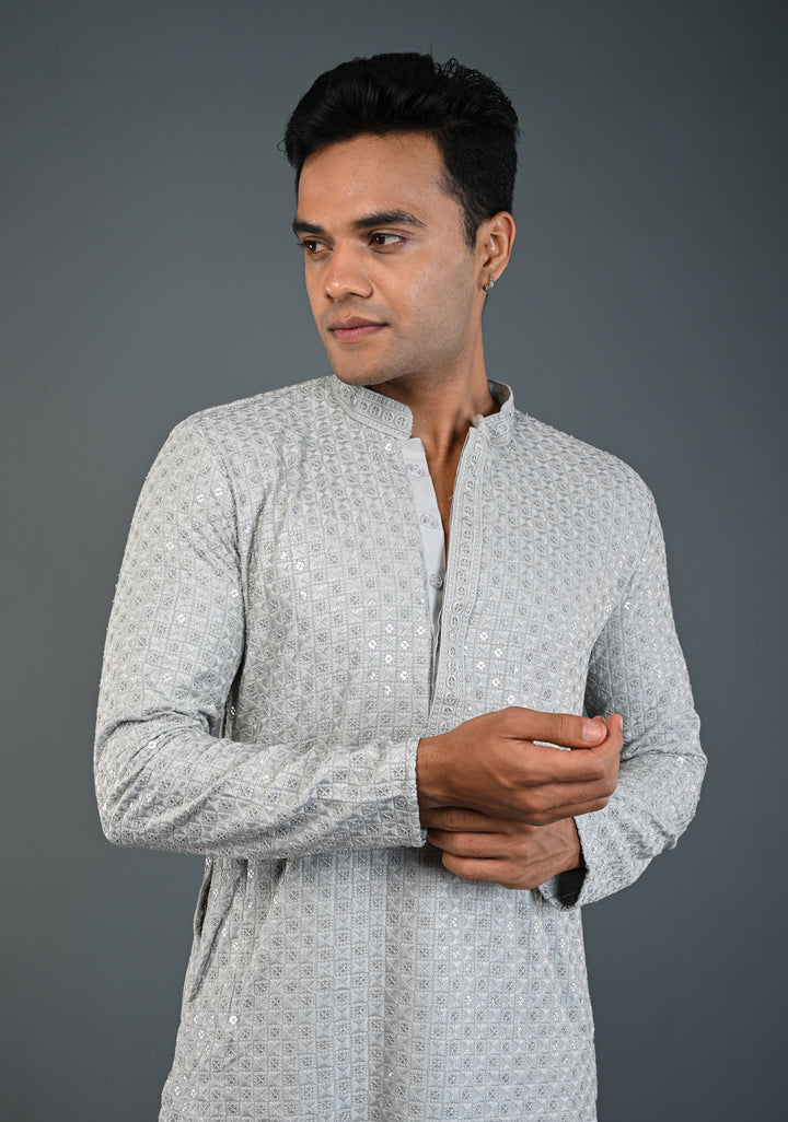 Men's Chikankari Embroidered Grey Kurta and Pajama Set  | Made to Order