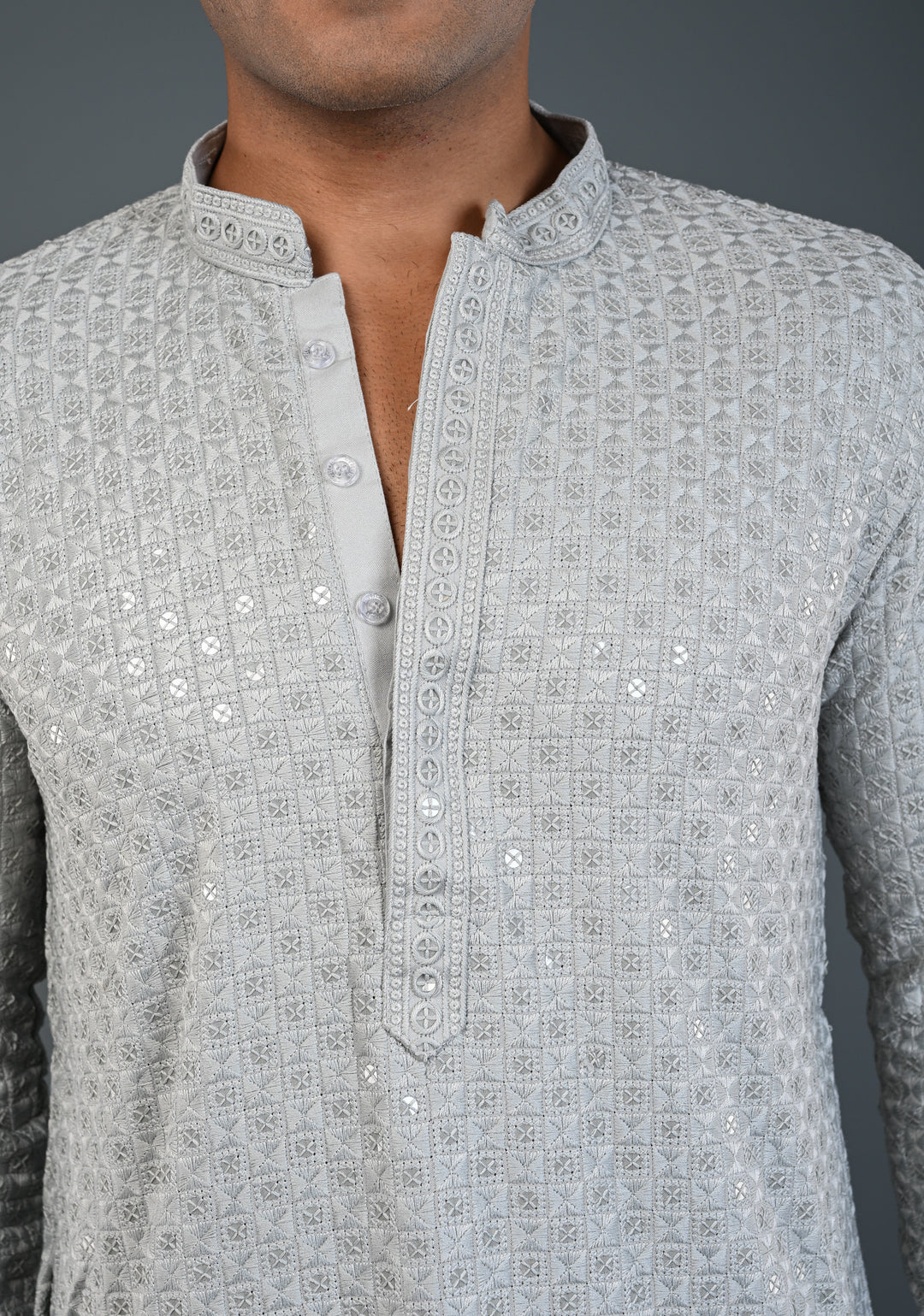 Men's Chikankari Embroidered Grey Kurta and Pajama Set  | Made to Order