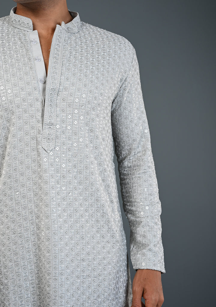 Men's Chikankari Embroidered Grey Kurta and Pajama Set  | Made to Order
