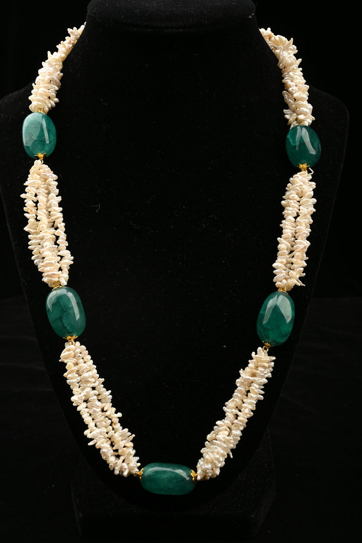 Emerald Elegance Freshwater Pearl Mala Necklace | SHOBITAM