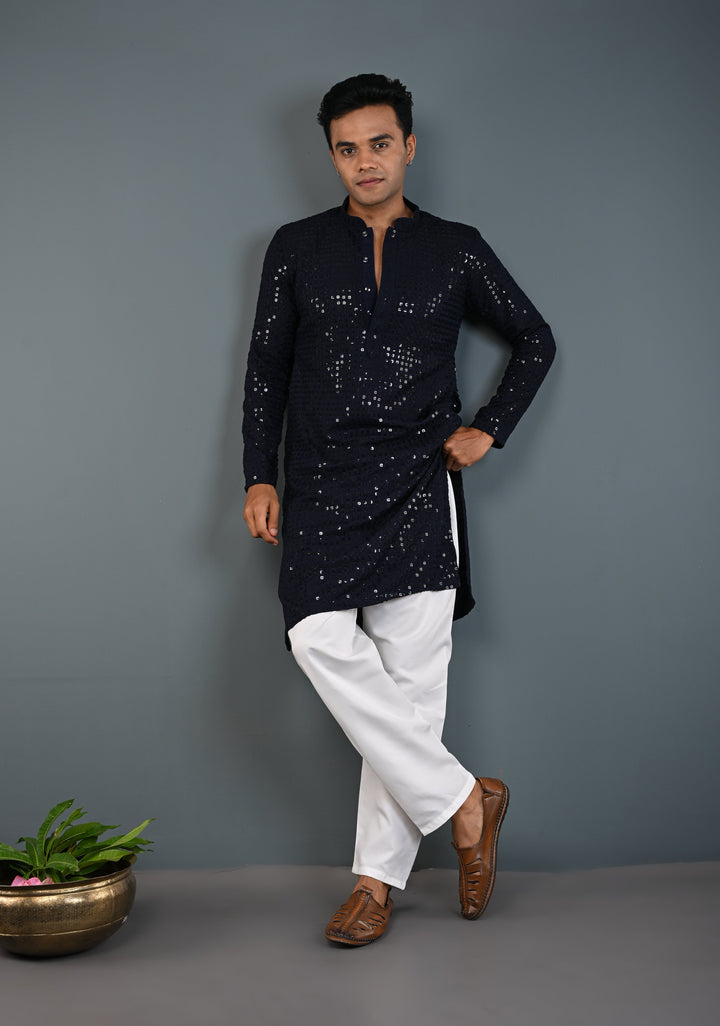 Midnight Blue Kurta with Self Weave Brocade and Sequins Pajama Set for Men | Made to Order